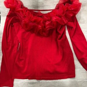 Boston Proper - Organza Ruffle V Neck Sweater - L